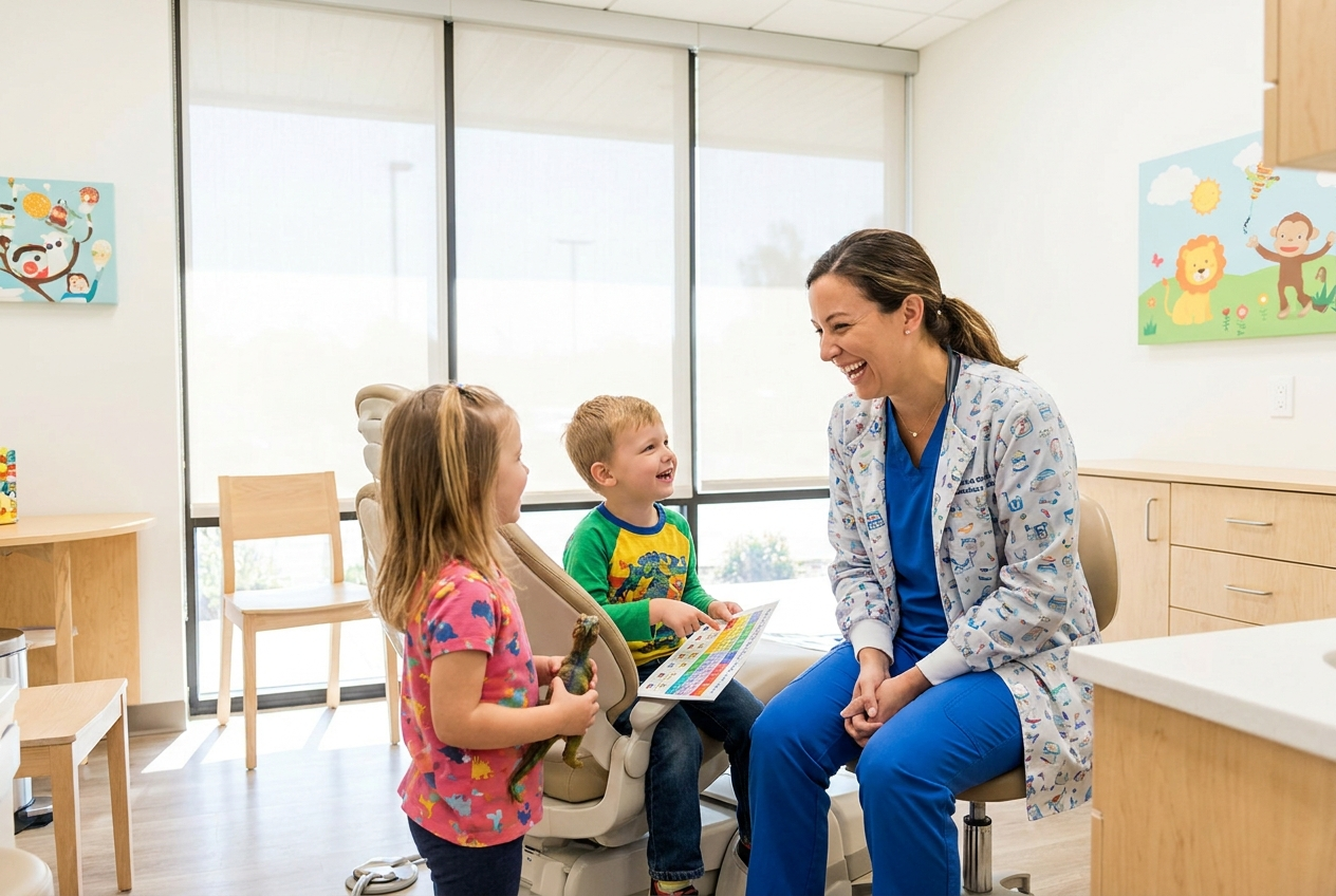 Dental practitioner speaking with children in a bright clinic